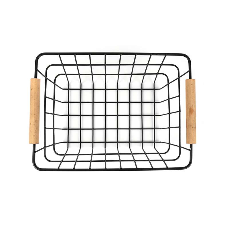 Cestos de armazenamento de arame com alça de madeira para cozinha e despensa