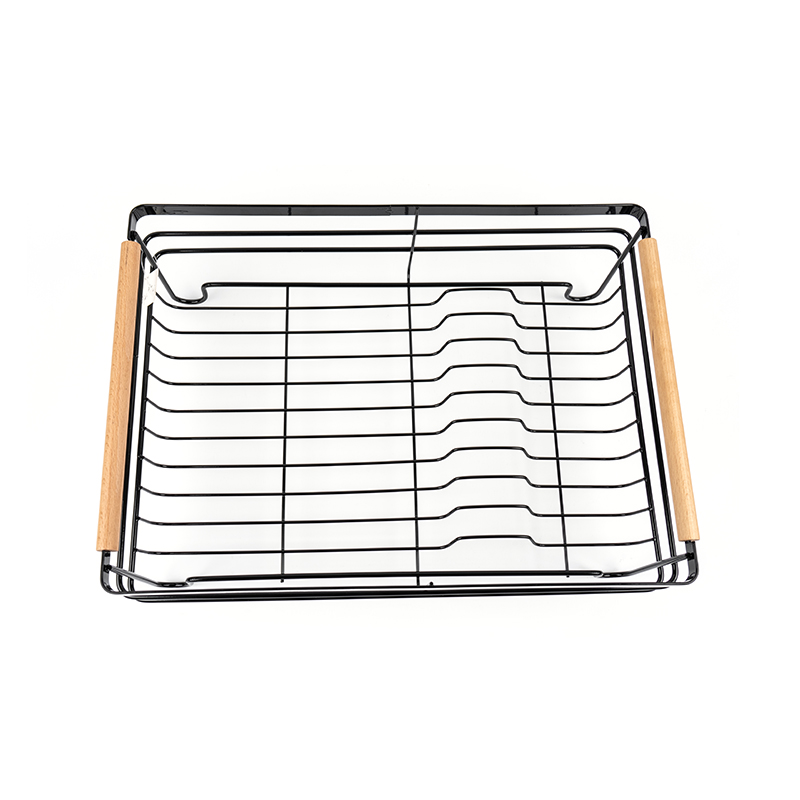 Rack de secagem de pratos de metal com alças de madeira
