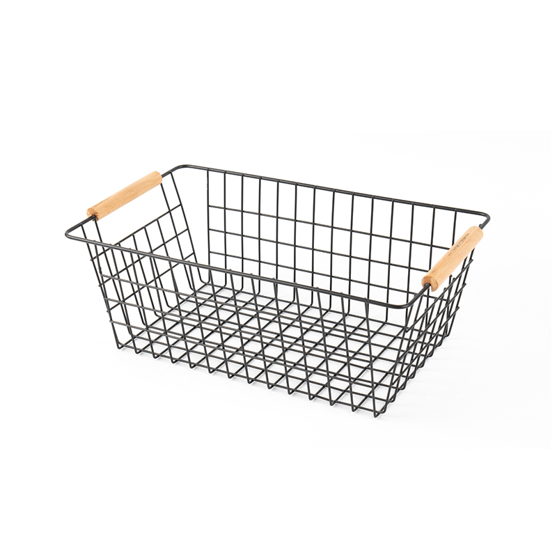 Cesta de armazenamento com alça de madeira