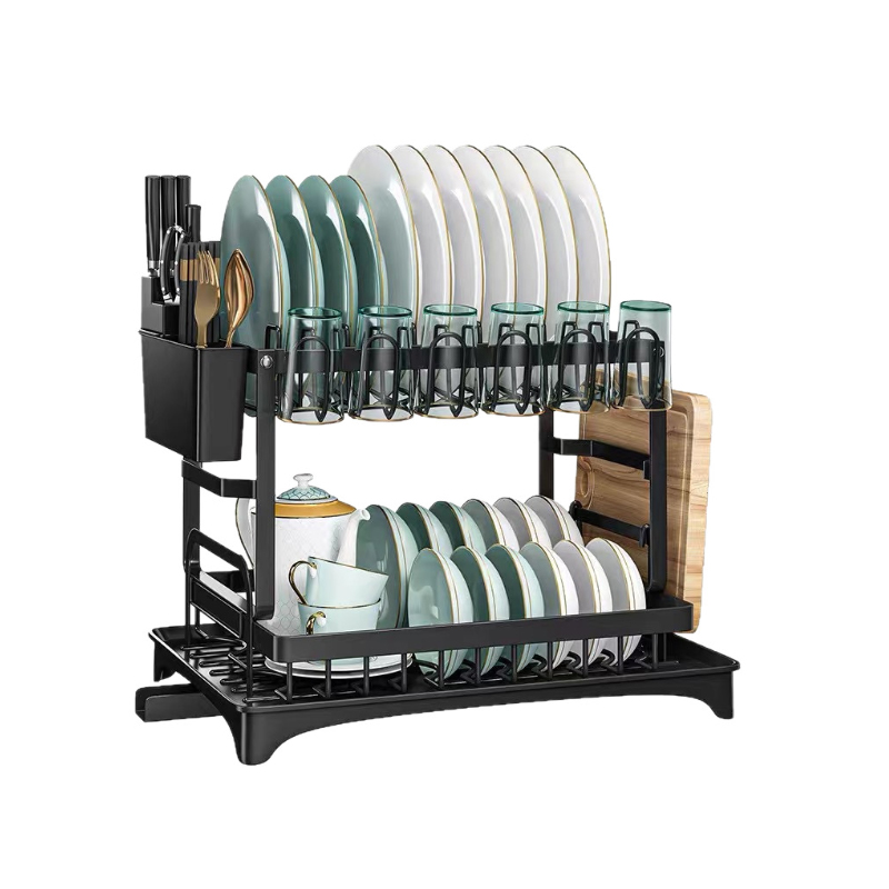 Rack de secagem de pratos de aço inoxidável de 2 camadas com escorredor